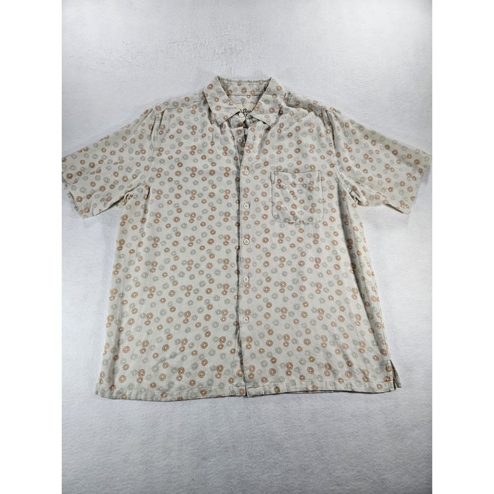 Vintage 90s Silk Mens Large Short Sleeve Button Up Shirt White Tan Geometric